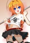  blue_eyes braid fang graf_eisen hifumi_(vivian) lyrical_nanoha mahou_shoujo_lyrical_nanoha mahou_shoujo_lyrical_nanoha_a's midriff navel open_mouth orange_hair panties pantyshot shirt skirt solo striped striped_legwear t-shirt thighhighs twin_braids underwear vita white_panties 