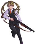  blonde_hair blue_eyes crossdraw_holster gun gunslinger_girl handgun holster long_hair necktie pants shotgun shoulder_holster solo triela twintails waistcoat weapon winchester_model_1897 yorimitsu 