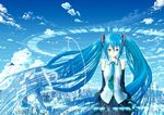  aqua_eyes aqua_hair blush cityscape cloud day detached_sleeves hatsune_miku long_hair necktie skirt sky smile solo twintails very_long_hair vocaloid yonasawa 