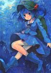  acrylic_paint_(medium) backpack bad_id bad_pixiv_id bag blue_eyes blue_hair blush boots bubble hair_bobbles hair_ornament hat highres isegawa_yasutaka kawashiro_nitori key lips looking_at_viewer open_mouth rubber_boots short_hair skirt solo touhou traditional_media two_side_up underwater 