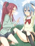  alternate_hairstyle black_legwear blue_eyes blue_hair casual fang highres kneehighs long_hair mahou_shoujo_madoka_magica miki_sayaka multiple_girls ponytail red_hair sakura_kyouko school_uniform short_hair zeppeki_airin 