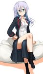  arm_support bare_legs blazer boots breasts cardfight!!_vanguard cleavage crossed_legs dress_shirt green_eyes hand_on_hip highres jacket legs long_hair long_skirt medium_breasts shirt silver_hair simple_background sitting skirt solo tokura_misaki ttomm untied 