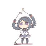  akemi_homura black_hair black_legwear blush_stickers bow braid glass glasses golf_club hair_bow hairband inishie long_hair magical_girl mahou_shoujo_madoka_magica pantyhose prehensile_hair purple_eyes solo twin_braids 