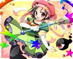  1girl adeleine black_hair bow brown_eyes dark_atter dark_matter hat kirby kirby_(series) kirby_64 nintendo paint paintbrush painter pantibrush red_eyes ribbon smile star 