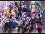  barrett battle blonde blue_hair brown_hair green_hair gun hatsune_miku kagamine_len kagamine_rin katana megurine_luka miniskirt missile mp5k purple_hair stinger tagme thighhighs vocaloid 