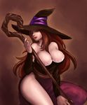  bare_shoulders breasts brown_eyes brown_hair cleavage curvy detached_sleeves dragon's_crown dress hat large_breasts long_hair md5_mismatch pavlova side_slit solo sorceress_(dragon's_crown) staff strapless strapless_dress witch_hat 