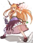  alcohol armpits bad_id bad_pixiv_id bare_shoulders bottle bow chain clenched_hands clenched_teeth dress fighting_stance gourd grin ground_shatter hair_bow horn_ribbon horns ibuki_suika long_hair magic minatsuki_randoseru multicolored multicolored_clothes multicolored_dress orange_hair outstretched_arm purple_dress raised_fist red_eyes ribbon sake shirt skirt sleeveless sleeveless_shirt smile solo standing teeth touhou upskirt white_dress 