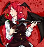  bat_wings casing_ejection face fang gun head_wings koakuma long_hair non-web_source pointy_ears red_hair sawed-off_shotgun shell_casing shotgun solo the_nekoma touhou trigger_discipline troll_face weapon wings 