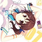  aoi_sora_(pairan) bad_id bad_pixiv_id blush brown_eyes brown_hair clothes_writing digital_media_player face hair_ornament hairclip headphones ipod original pairan smile soccer_uniform solo sportswear twintails 