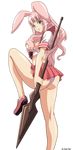  1girl absurdres animal_ears artist_request bare_legs blush_stickers breasts bunny_ears highres large_breasts long_hair melona miniskirt panties pantyshot pink_hair polearm queen's_blade school_uniform skirt solo spear transparent_background underwear weapon 