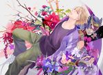  bad_id bad_pixiv_id blonde_hair camellia dual_persona flower helmet iris_(flower) ivan_karelin jacket letterman_jacket male_focus megane_(artist) origami origami_cyclone purple_eyes purple_jacket shuriken superhero tiger_&amp;_bunny 