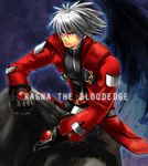  ahoge black_gloves black_pants blazblue character_name coat frown gloves green_eyes heterochromia male_focus pants ragna_the_bloodedge red_eyes serious sitting solo spiked_hair white_hair xxxxchild 