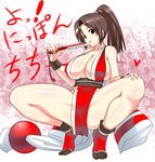  breasts brown_hair cleavage closed_fan fan fatal_fury folding_fan japanese_clothes large_breasts okyou pelvic_curtain ponytail revealing_clothes shiranui_mai solo squatting the_king_of_fighters translation_request 