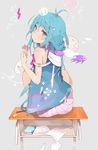  bare_shoulders barefoot blue_eyes blue_hair blush crown denpa_onna_to_seishun_otoko desk eraser evers fish from_behind hair_ornament hairclip hood hoodie jacket long_hair looking_back nail_polish pleated_skirt ruler school_desk sitting skirt solo touwa_erio 