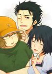  2boys black_hair brown_hair green_eyes hashida_itaru hat itowo_(sms25) multiple_boys okabe_rintarou shiina_mayuri short_hair smile steins;gate 