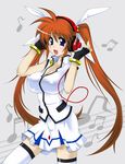  blue_eyes breasts brown_hair feathers fingerless_gloves gloves headphones impossible_clothes impossible_shirt large_breasts long_hair lyrical_nanoha magical_girl mahou_shoujo_lyrical_nanoha_strikers shirt solo takamachi_nanoha thighhighs twintails zeroero1 
