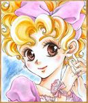  blush brown_eyes curly_hair juni nashi ribbon schoolgirl shojo short_hair smile traditional_media watercolor_(medium) 
