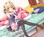  ahoge b_dome bare_shoulders bed black_legwear blonde_hair blush green_eyes mizuhashi_parsee off_shoulder on_bed pantyhose pointy_ears scarf short_hair sitting skirt solo touhou 