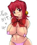  akihabara_dennou_gumi bikini breasts covered_nipples curvy hanakoganei_hibari huge_breasts older red_eyes red_hair rhemora ribbon solo swimsuit 
