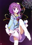  blush feet hairband heart high_res komeiji_satori leg_lift legs purple_eyes purple_hair short_hair skirt socks solo touhou usotsukiya 