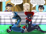  bandage comic daycare fangs female human lucario male mykiio pok&eacute;mon red_eyes tooth weavile 