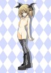  argyle argyle_background blonde_hair blue_eyes boots casper_(deathsmiles) deathsmiles flat_chest legs nipples nude platform_footwear solo thighhighs twintails yukiwo 