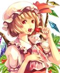  ascot bad_id bad_pixiv_id blonde_hair bow crystal eating fang flandre_scarlet food fruit hat holding holding_food holding_fruit leaf open_mouth red_eyes short_hair side_ponytail solo strawberry tongue touhou wings yuumeibokumeimei 