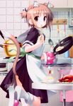  absurdres animal_ears apron brown_hair cat_ears cat_tail chopsticks footwear frying_pan highres hiide kitchen maid nekomimi nekomiya_nono short_hair slippers socks tail yotsunoha 