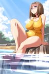  breasts brown_hair female full_body glasses hips kamichu! large_breasts nature one-piece_swimsuit outdoors plant purple_eyes school_swimsuit shijou_mitsue short_hair sky solo submerged swimsuit tongpoo tonpuu water wide_hips 