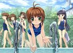  ahoge all_fours barefoot black_hair blush braid brown_hair card_captor_sakura daidouji_tomoyo feet green_eyes kinomoto_sakura loli long_hair megane mizugi pool short_hair sky standing sukumizu towel walking 