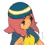  blue_eyes flat_color hat inazuma_eleven inazuma_eleven_(series) kangokun pink_hair raimon raimon_soccer_uniform simple_background sketch soccer_uniform solo sportswear upper_body white_background zaizen_touko 