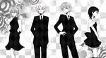  2girls ayanami_rei blue_eyes formal genderswap genderswap_(ftm) genderswap_(mtf) greyscale ikari_shinji lifegoeson monochrome multiple_boys multiple_girls nagisa_kaworu neon_genesis_evangelion red_eyes shin-chan souryuu_asuka_langley spot_color 