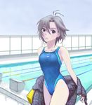  antenna_hair arena_(company) bad_id bad_pixiv_id black_eyes black_hair competition_swimsuit covered_navel hanaco-1 highres idolmaster idolmaster_(classic) idolmaster_2 kikuchi_makoto lane_line one-piece_swimsuit pool poolside reflection short_hair solo starting_block swimsuit towel wet 