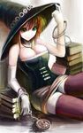  adjusting_clothes adjusting_hat book bracelet breasts brown_hair cleavage corset elbow_gloves gloves green_eyes hat jewelry large_breasts miniskirt necklace ogadenmon original pocket_watch red_hair short_hair skirt solo thighhighs watch witch witch_hat zettai_ryouiki 