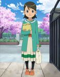  bag cardigan dress food green_eyes green_hair inazuma_eleven inazuma_eleven_(series) inazuma_eleven_go jewelry kino_aki necklace pantyhose screencap shoes shopping_bag smile solo spring_onion stitched third-party_edit 