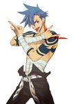  \n/ bandages belt blue_hair kamina kamina_shades male_focus piyo_(rvr) red_eyes sarashi shirtless simple_background solo tattoo tengen_toppa_gurren_lagann tongue 