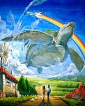  1girl black_hair building cloud day dolphin holding_hands original outdoors rainbow scenery sei_jun sky surreal tortoise turtle water windmill 