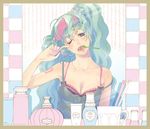  aqua_eyes aqua_hair brushing_teeth checkered cosmetics hatsune_miku head_tilt long_hair mouth_hold one_eye_closed open_mouth reflection shirokumaborder sleepy solo strap_slip toothbrush vocaloid 