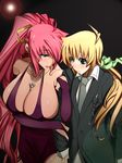  blonde_hair blush breasts cleavage dress formal glasses jewelry large_breasts long_hair lyrical_nanoha mahou_shoujo_lyrical_nanoha necklace necktie nervous pink_hair ponytail ribbon signum suit thigh thighs tie yuuichi_(libertyfeather) yuuno_scrya 