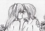  2girls amane_misa bare_shoulders blush breasts closed_eyes crossover death_note eyes_closed hair_ornament kiss kissing monochrome multiple_girls nami nami_(one_piece) nude one_piece skull tattoo yuri 