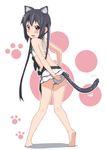  animal_ears ass barefoot bikini black_hair blush brown_eyes cat_ears cat_tail errant full_body k-on! long_hair looking_back nakano_azusa paw_print simple_background skirt solo swimsuit tail twintails 