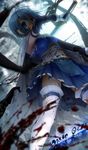  blood blood_on_face bloody_clothes blue_eyes blue_hair blurry cape cuts depth_of_field from_below gloves glowing highres injury madoka_runes magical_girl mahou_shoujo_madoka_magica miki_sayaka mutsuki_(moonknives) navel short_hair solo sword thighhighs torn_cape torn_clothes torn_legwear translated weapon white_gloves white_legwear zettai_ryouiki 
