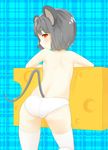  animal_ears ass bad_id bad_pixiv_id cheese food from_behind grey_hair highres kurono_(nagato-to) looking_back mouse_ears mouse_tail nazrin panties red_eyes short_hair skindentation solo tail thighhighs topless touhou underwear white_legwear 