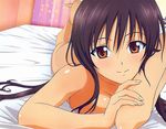  arm_support bed bed_sheet black_hair breast_squeeze breasts kotegawa_yui large_breasts long_hair lying non-web_source nude nude_filter on_stomach orange_eyes scan smile solo third-party_edit to_love-ru 