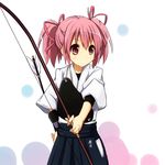  amano_kouki archery arrow black_hakama bow_(weapon) gloves hair_ribbon hakama hand_on_hip japanese_clothes kaname_madoka kyuudou mahou_shoujo_madoka_magica muneate partly_fingerless_gloves pink_eyes pink_hair ribbon short_twintails single_glove solo twintails weapon yugake 