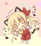  animal_ears ascot barefoot blonde_hair blush_stickers bow cat_ears cat_tail chibi fang flandre_scarlet gem hair_bow hazuki_ruu heart kemonomimi_mode long_hair lowres no_hat no_headwear open_mouth ponytail shadow solo tail touhou translated wings yellow_eyes 