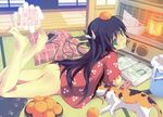  absurdres aqua_eyes ass barefoot black_hair blush bottomless cat cellphone cushion feet food fruit handheld_game_console headphones heater highres japanese_clothes long_hair lying mandarin_orange manga_(object) nimura_yuuji no_panties object_on_head on_stomach orange original phone playstation_portable ribbon solo 