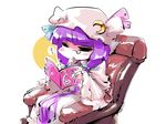  =_= blush book chair crescent dress hat holding holding_book monocle nyoron_(fudegatana) patchouli_knowledge pink_dress purple_hair reading sitting solo touhou 