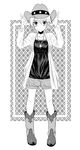  adjusting_clothes adjusting_hat alternate_costume blush boots brave_witches cowboy_hat full_body greyscale hat jewelry kyougoku_shin monochrome necklace nikka_edvardine_katajainen short_hair shorts skirt solo western world_witches_series 