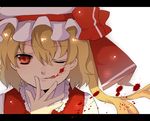  ;q ascot bad_id bad_pixiv_id blonde_hair blood blood_on_face close-up face flandre_scarlet hands hat nemotoayane one_eye_closed red_eyes short_hair solo tongue tongue_out touhou 